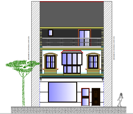Two level house main elevation view dwg file