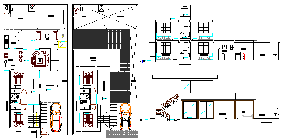 Two level house section and floor plan layout details dwg file