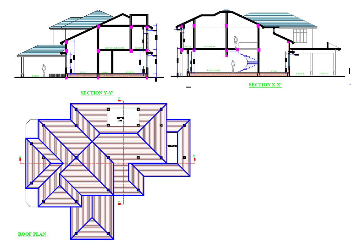 Two-level house section and roof plan cad drawing details dwg file