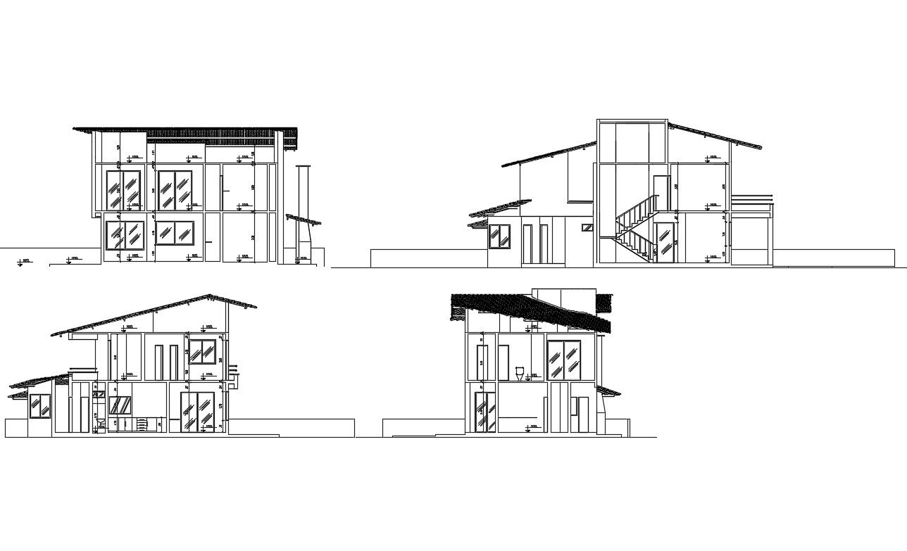Two-level residential house elevation and section details dwg file