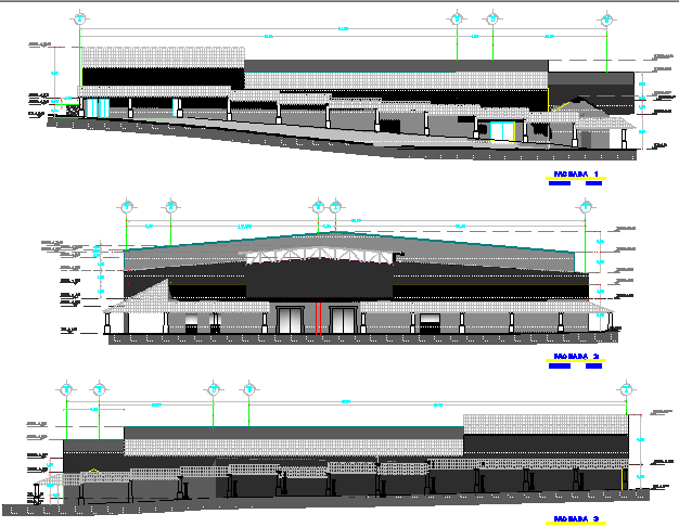 Two-level shopping center elevation and sectional details dwg file