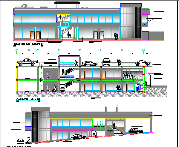 Two level shopping center elevation and sectional view details dwg file