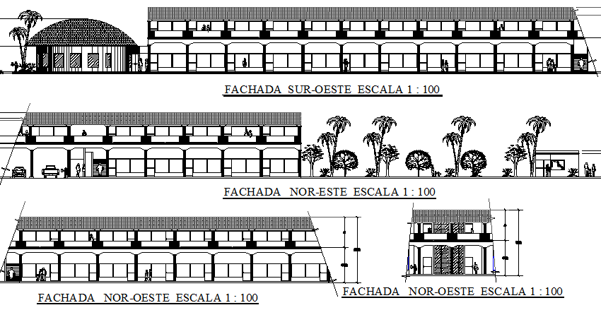 Two level shopping mall elevation and sectional details dwg file