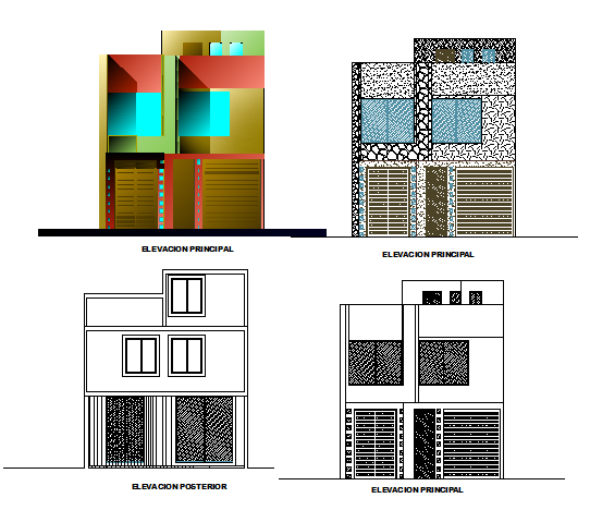 Two level single family bungalow elevation details dwg file
