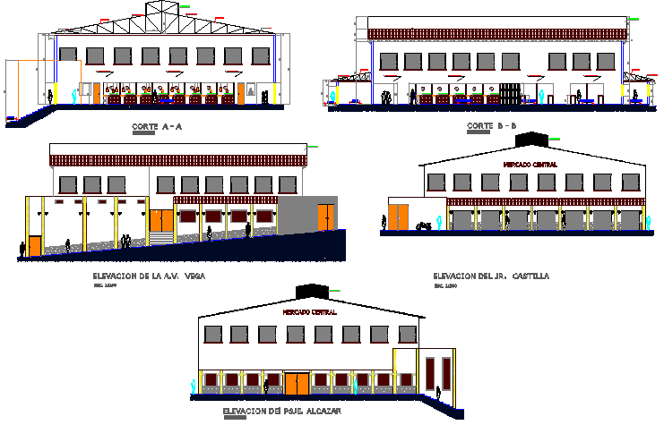 Two-level super market elevation and sectional details dwg file