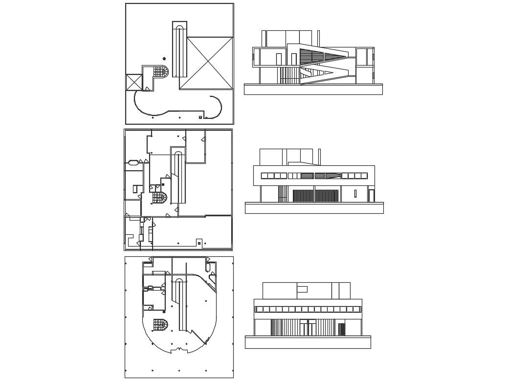 Two level villa all sided elevation and cover plan details dwg file
