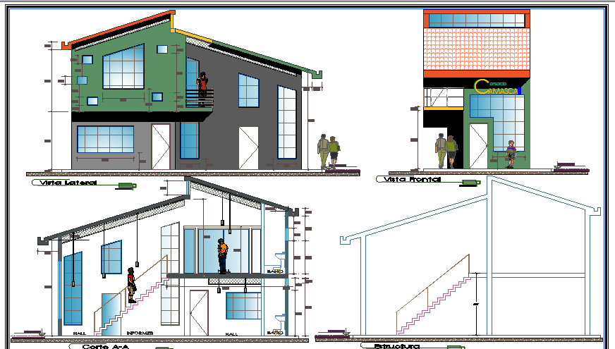 Two story administrative office elevation and sectional details dwg file