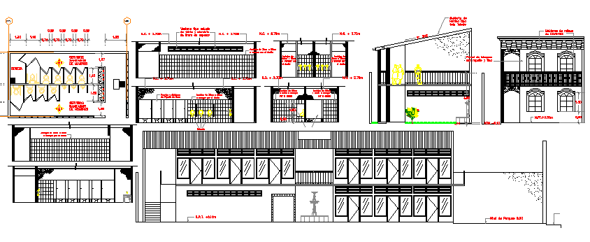Two story commercial shopping center elevation and sectional details dwg file