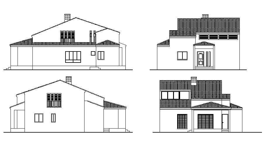 Two-story house all sided elevation cad drawing details dwg file