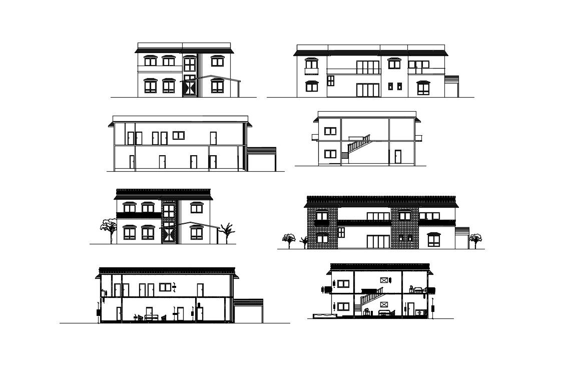 Two-story house all sided section and elevation details dwg file
