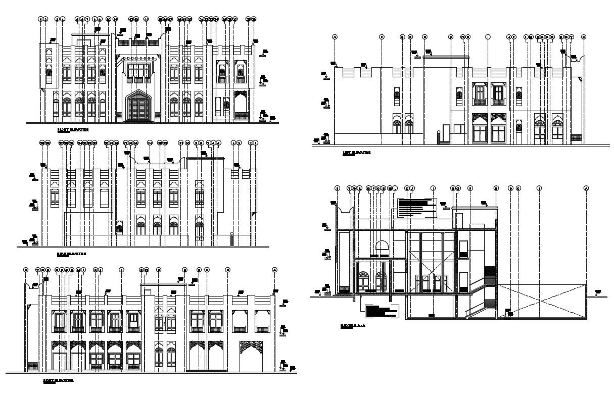 Two story house building elevation and section details dwg file
