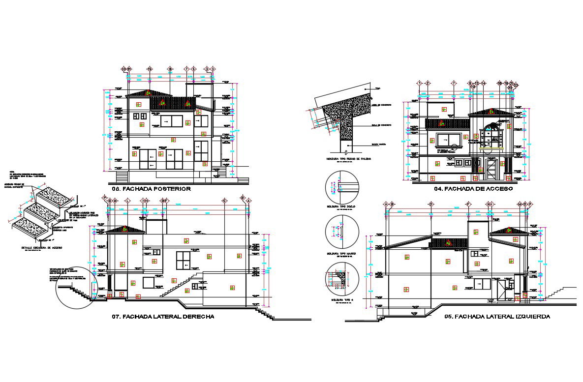 Two-story house facade and back elevation and sectional details dwg file