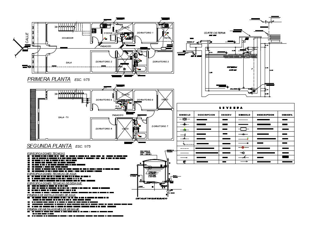 Two-story house floor plan with water tank and plumbing details dwg file