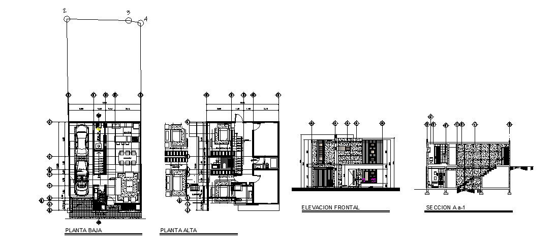 Two-story house front elevation and section and floor plan details dwg file