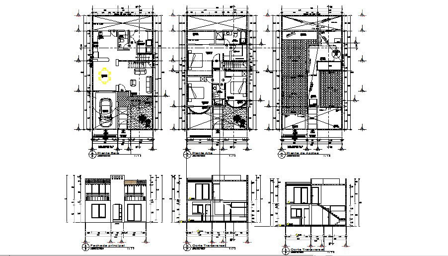 Two-story house main elevation, section and floor plan auto-cad details dwg file