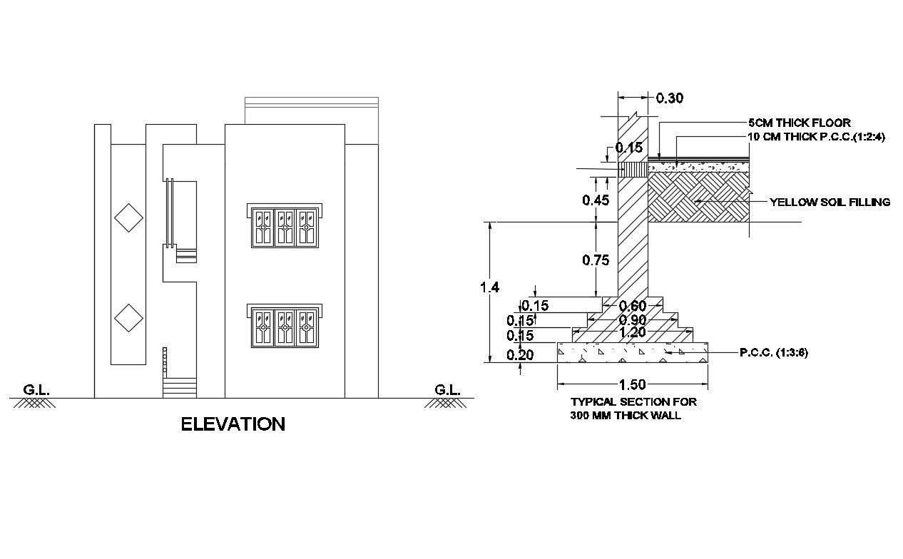 Two story house main elevation and thick wall typical section details dwg file
