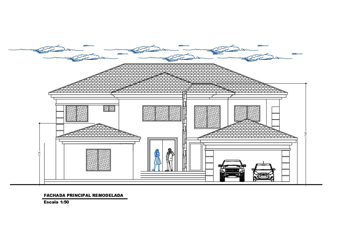 Two-story house main facade elevation cad drawing details dwg file