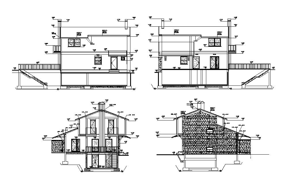 Two-story house with parking floor elevation and constructive section details dwg file