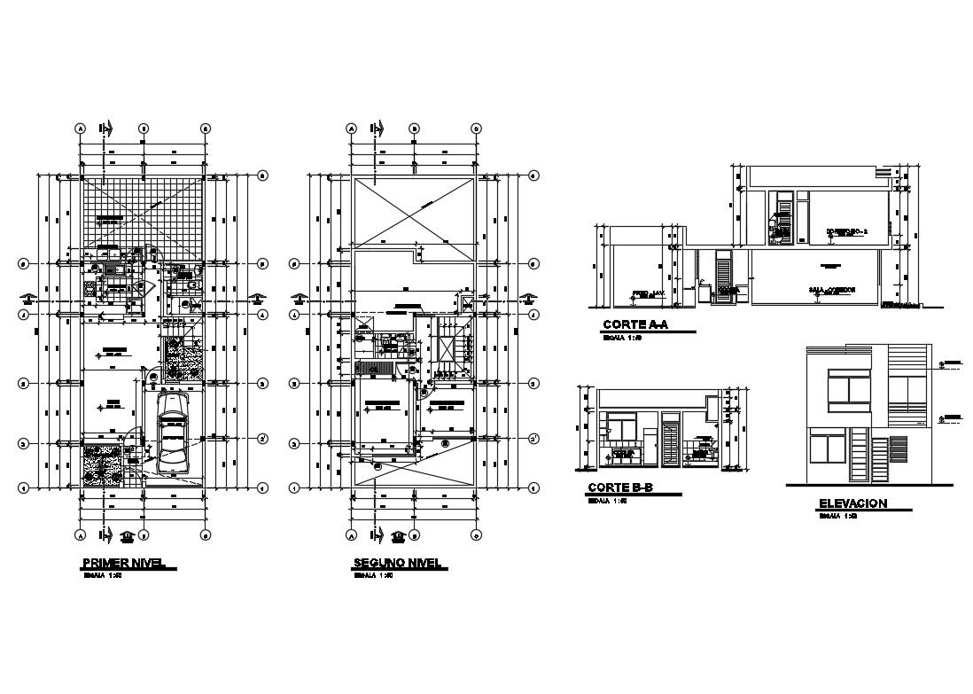 Two-story residential house elevation, section and plan details dwg file