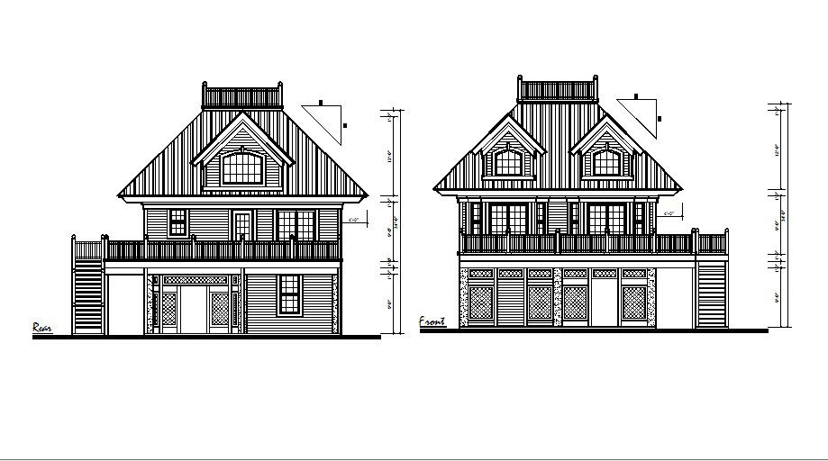 Two story residential house front and rear side elevation architecture drawing