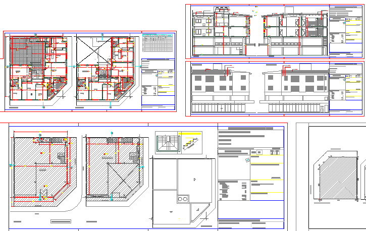 Two story shopping center elevation, section and floor plan details dwg file