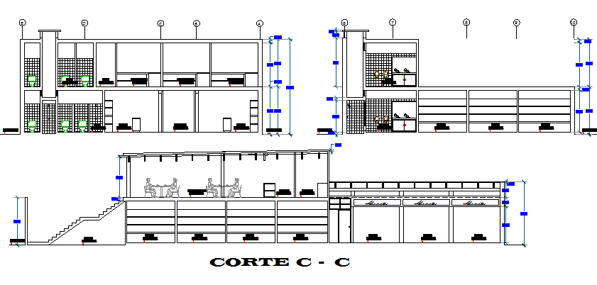 Two-story shopping center sectional details dwg file