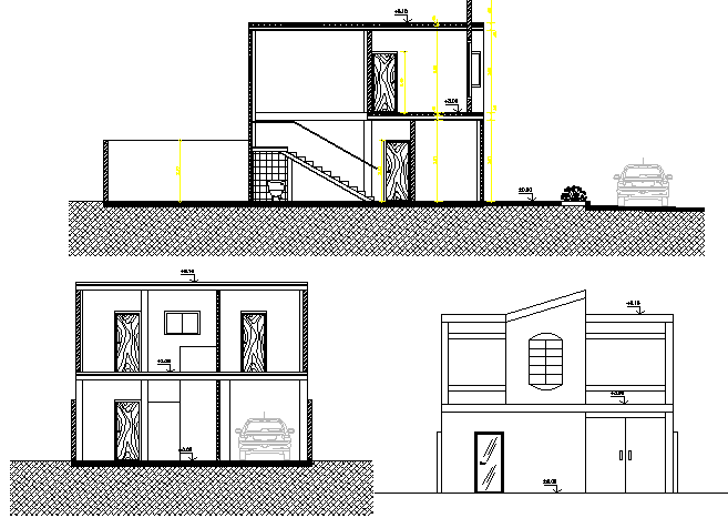 Two-story store elevation and sectional details dwg file