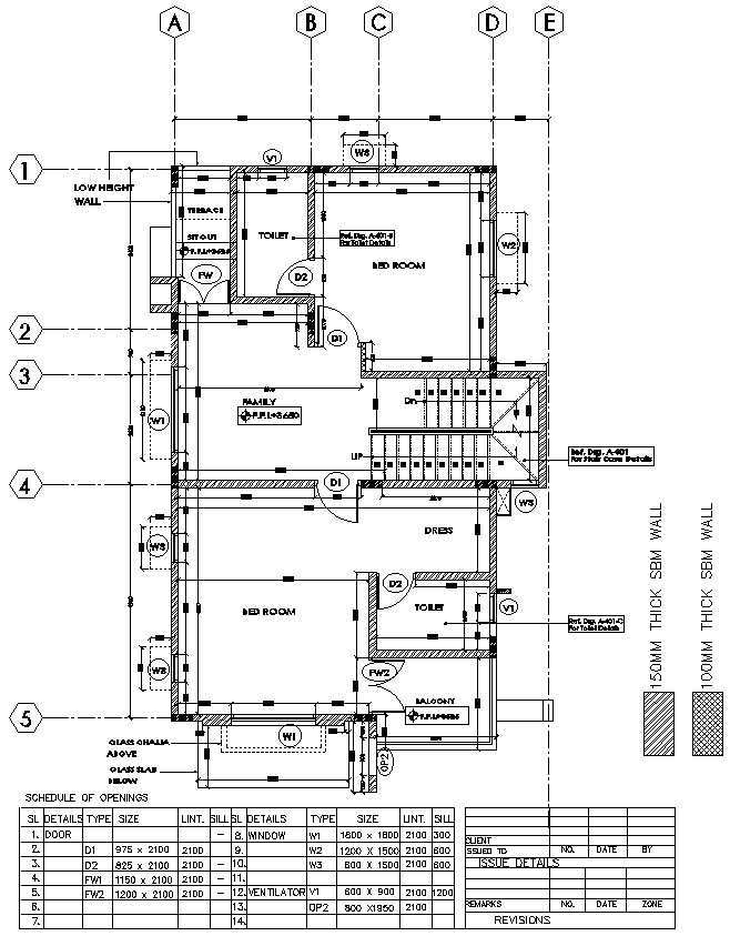 DWG format with 2BHK house and SBM wall plan layout
