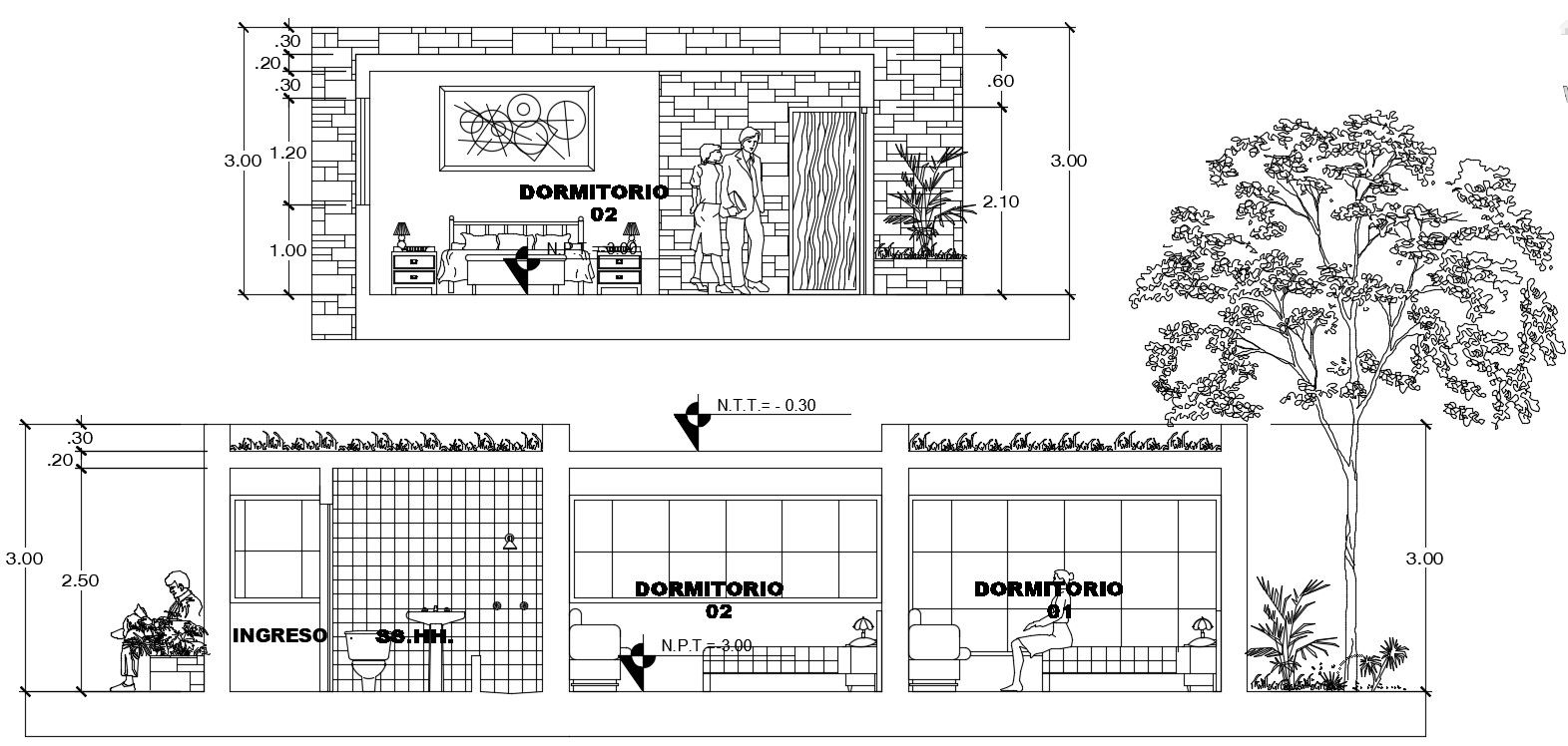 Two Bedroom House Section CAD Drawing Download DWG File