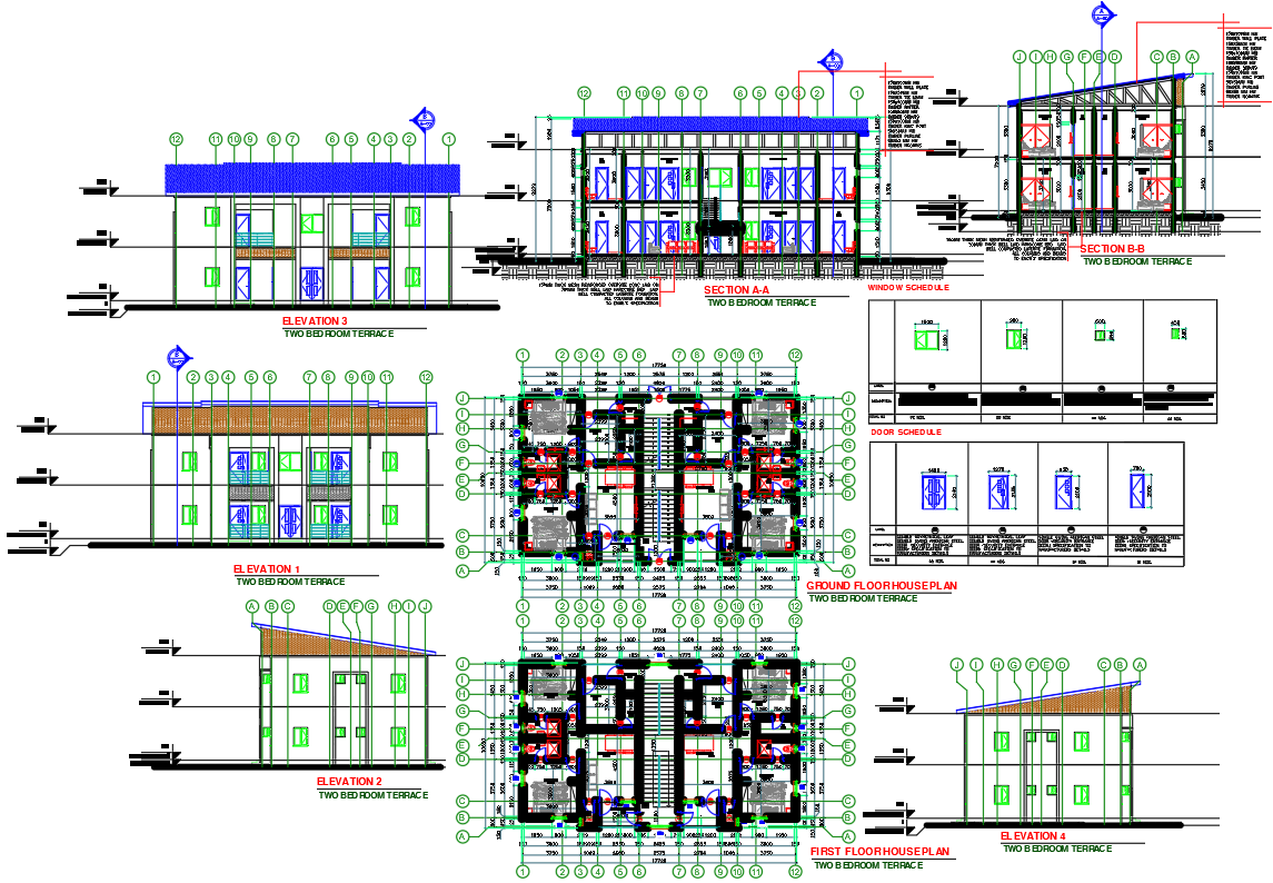 Two-bedroom terrace house plan with elevations in DWG File