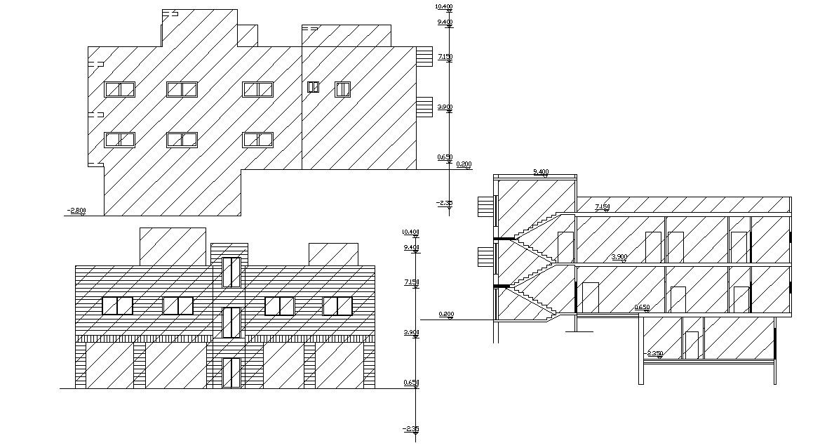 Two Elevations And Section Of House Building Design Dwg File