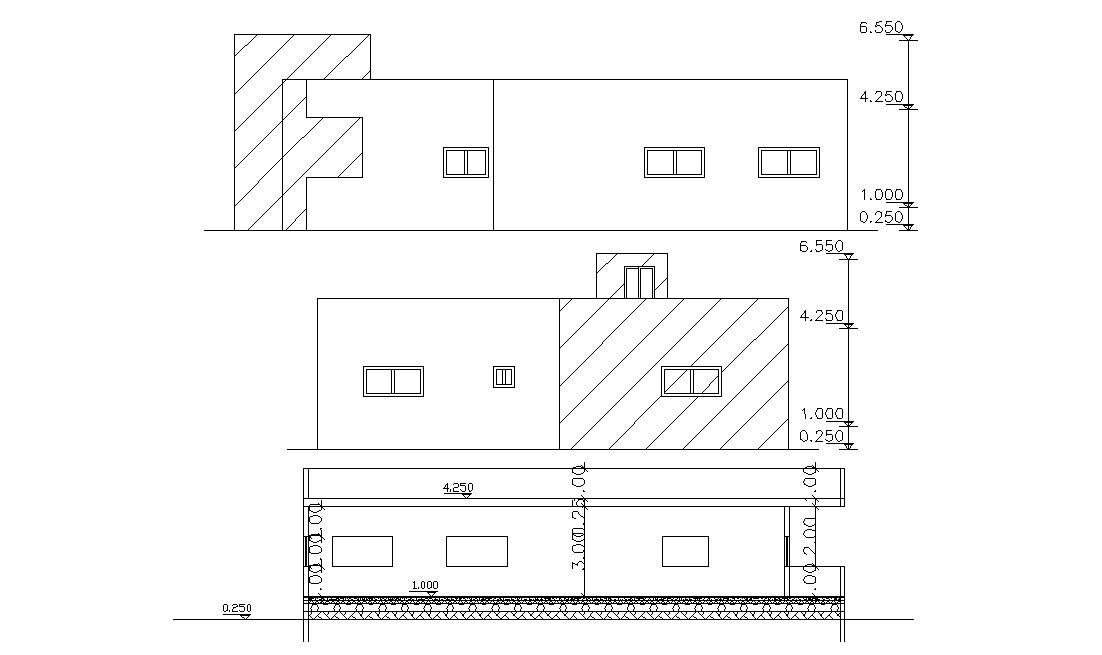 Two Elevations And Section Of House Design Autocad Drawing
