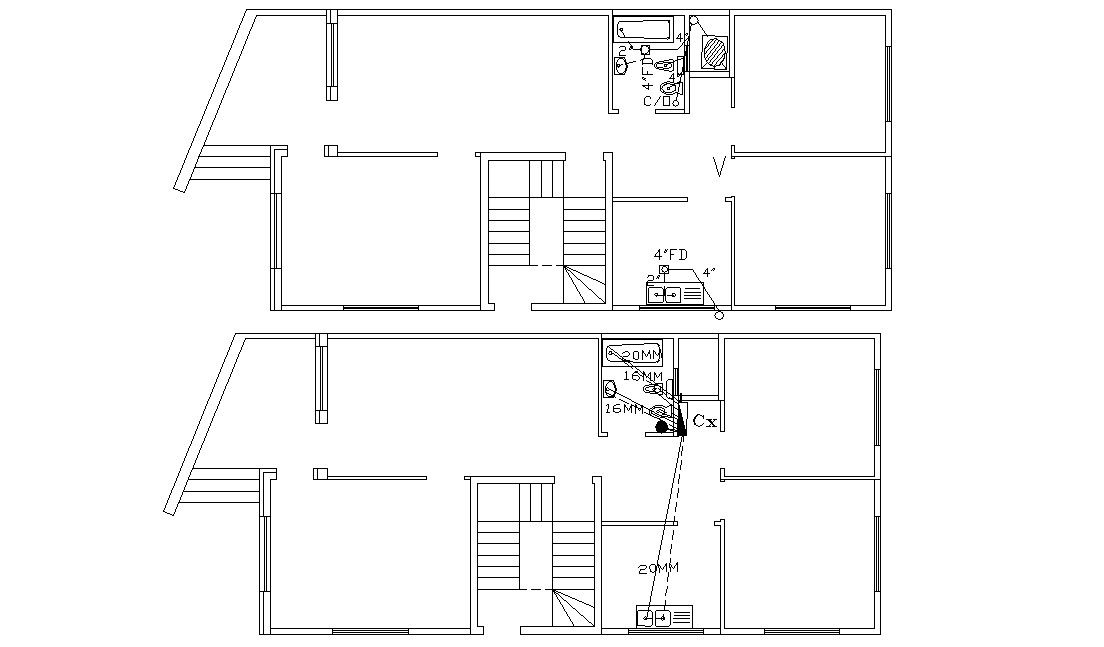 Two Floor Bungalow Plumbing Design AutoCAD Drawing