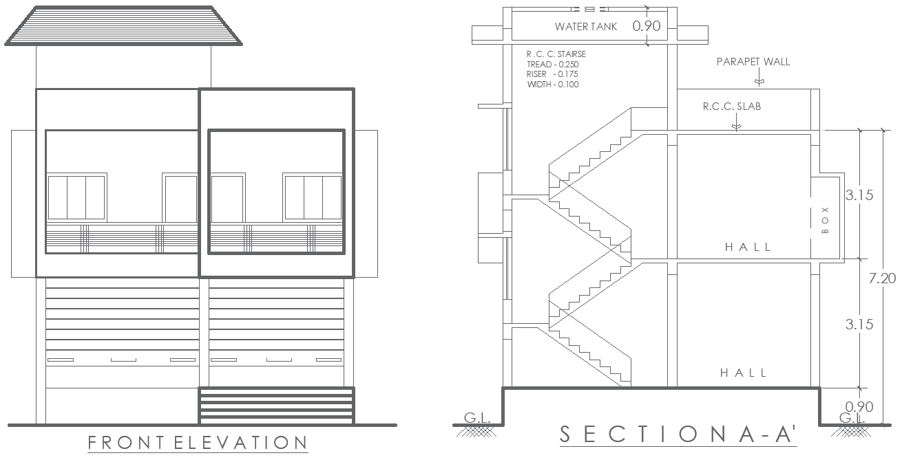 Two-Floor Shop and Hall Elevation & Section Layout Plan – AUTOCAD DWG