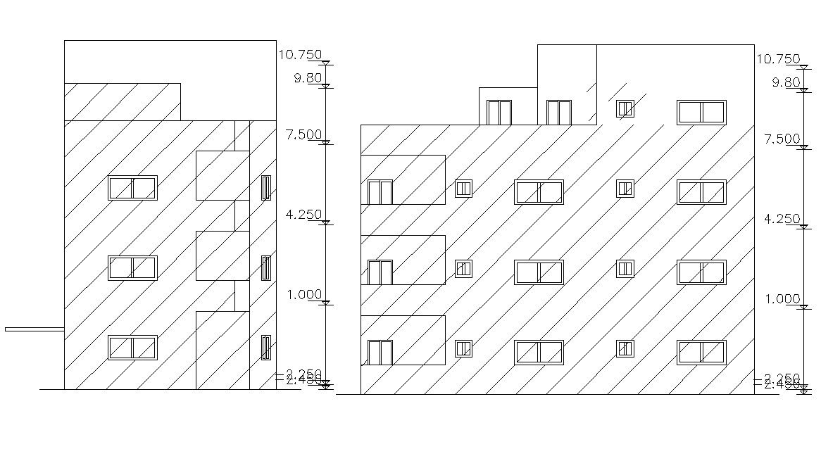 Two Residential Elevations With Dimension Design DWG File
