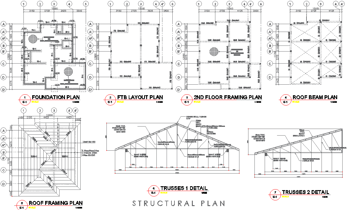 Two-Storey Residential Structural Detail with Foundation and Trusses Detail in DWG File