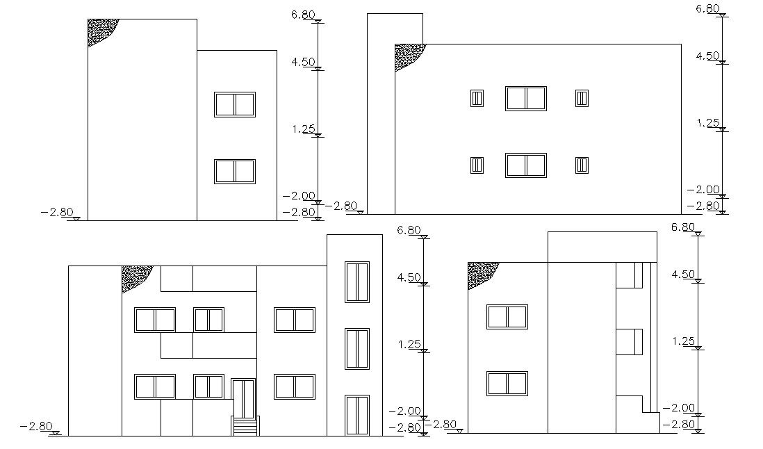 Two Story Four Side Elevations Of House AutoCAD Drawing