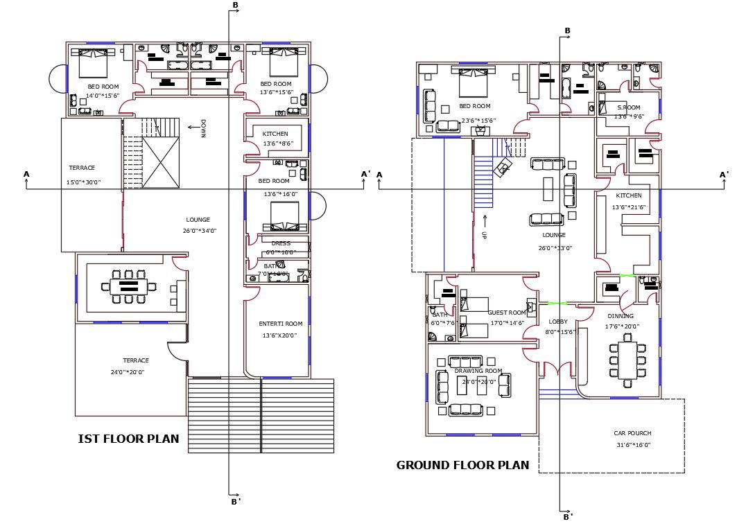 Two-bedroom Spacious Luxury G+1 House Floor plan AutoCAD DWG file.
