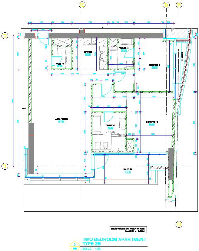 Two bedroom apartment design with detail AutoCAD drawing, CAD file, dwg file