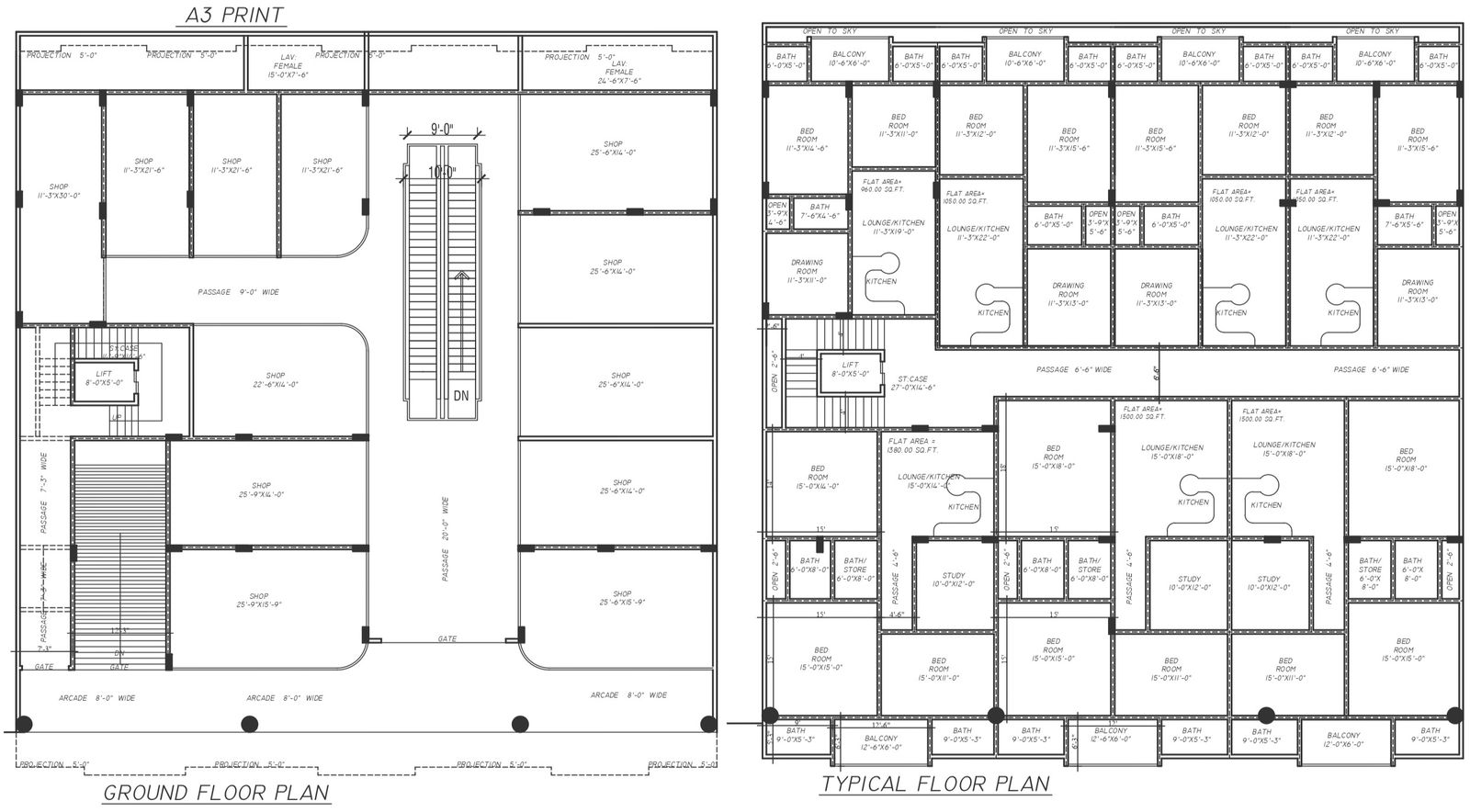 Two bhk apartment planning all floor layout plan in scale DWG autoCAD drawing
