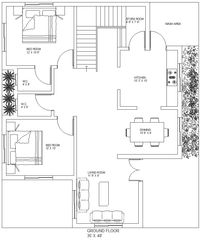 Two bhk house plan on plot of 35X40 ft DWG autoCAD drawing