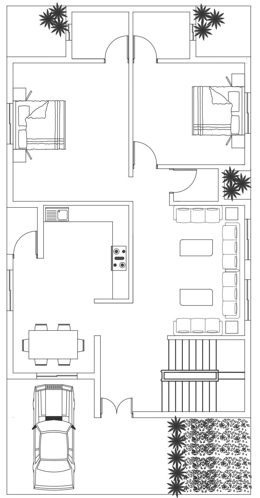 Two bhk house plan with landscape details DWG autoCAD drawing
