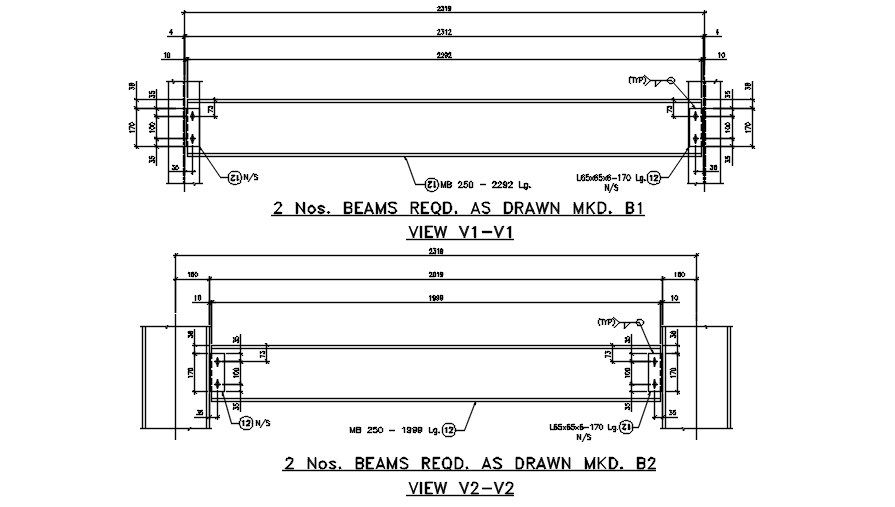 Two numbers of Beams required drawing details are given in this 2D AutoCAD DWG drawing. Download the free AutoCAD 2D DWG file.