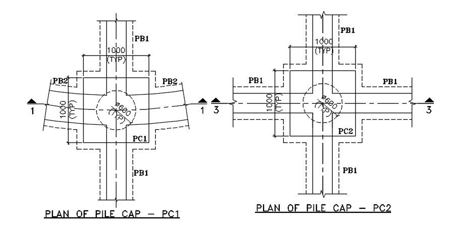 Two plan of pile caps are given in the form of Autocad 2D DWG drawing file. Download the AutoCAD Drawing file.