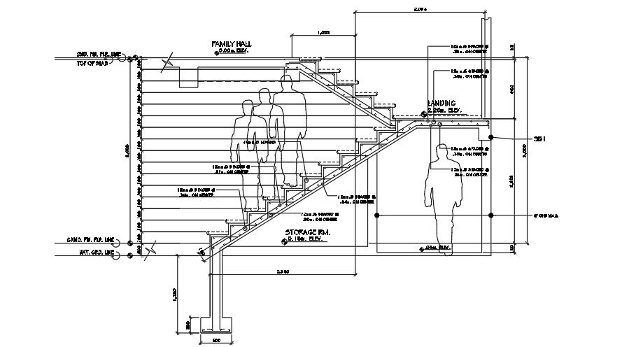 Two story residential building staircase reinforcement section views are given