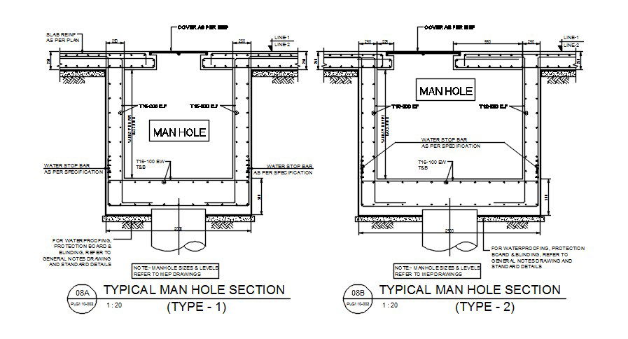 Two types of Manhole reinforcement section details are given in this AutoCAD Drawing File. Download the AutoCAD file now.