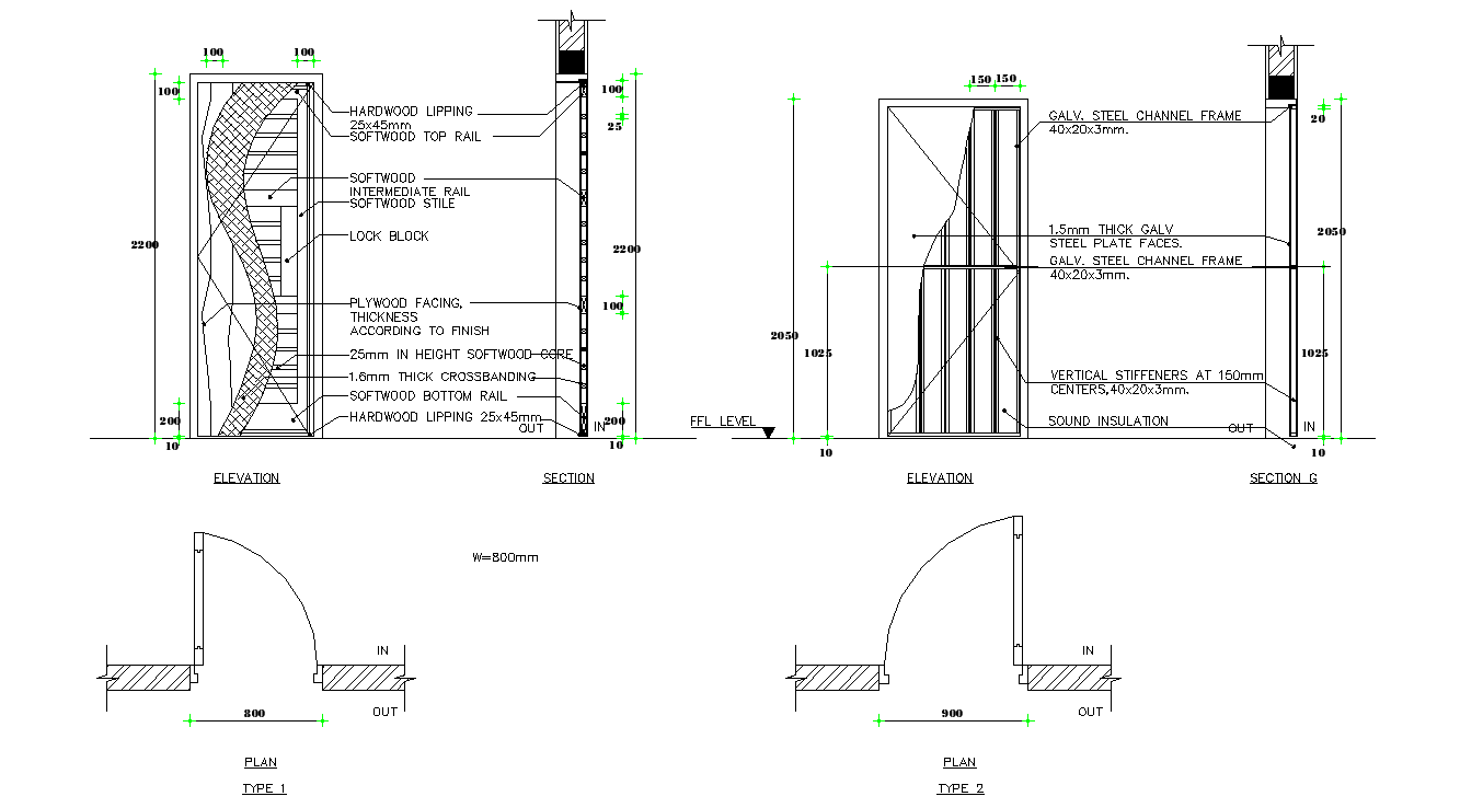 Two types of doors section and elevation design,Download the DWG file.