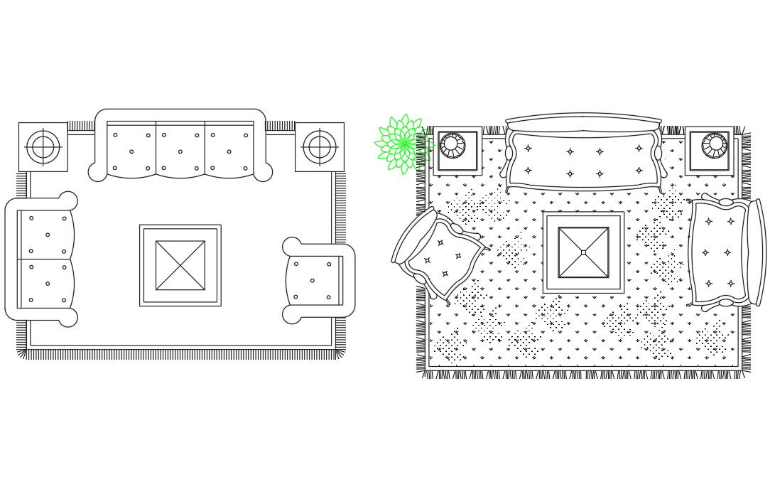 Two various types of sofa and table block with beautiful floor mat designs are available in this Autocad 2d drawing file.
