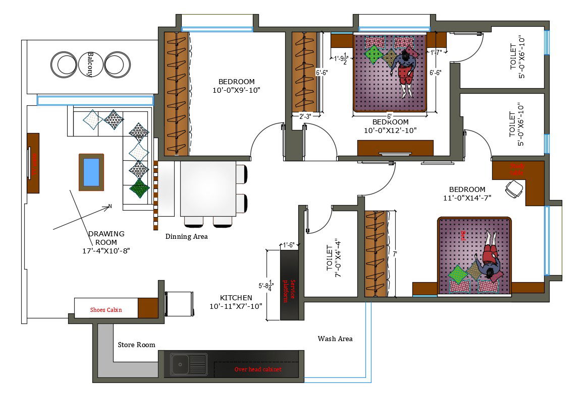 Typical Furnished 3 BHK Apartment Design Layout Architecture Plan