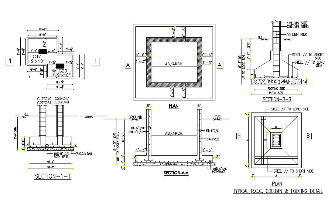 Typical RCC Column And Footing Plan With Section Drawing